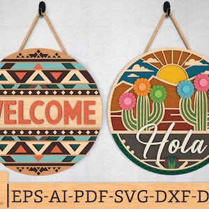 Westerse welkomstbord SVG, Hola Cactus ronde teken svg, westerse Azteekse deurhanger svg, Texas deur teken svg, Glowforge svg-bestanden, lasergesneden bestanden