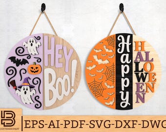 Halloween deurhanger svg, Hey Boo & Happy Halloween Split Round Sign svg, Ghost Pumpkin Halloween lasergesneden bestanden, Glowforge svg-bestanden