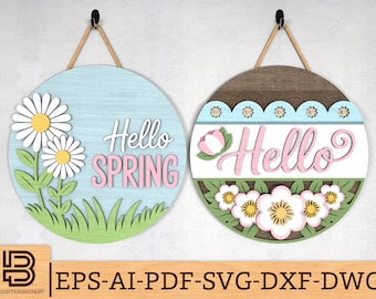 Spring Door Hanger SVG Bundle, Hello Spring Daisy & Hello Floral Door Sign Laser Cut Files, Summer door sign svg,Cricut, Glowforge svg files