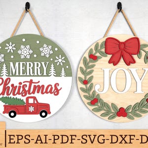 Christmas Door Hanger svg, Red Truck Snow Scene & JOY Wreath with Bow Door Hanger Laser Cut Files, Christmas decor svg, Glowforge svg files