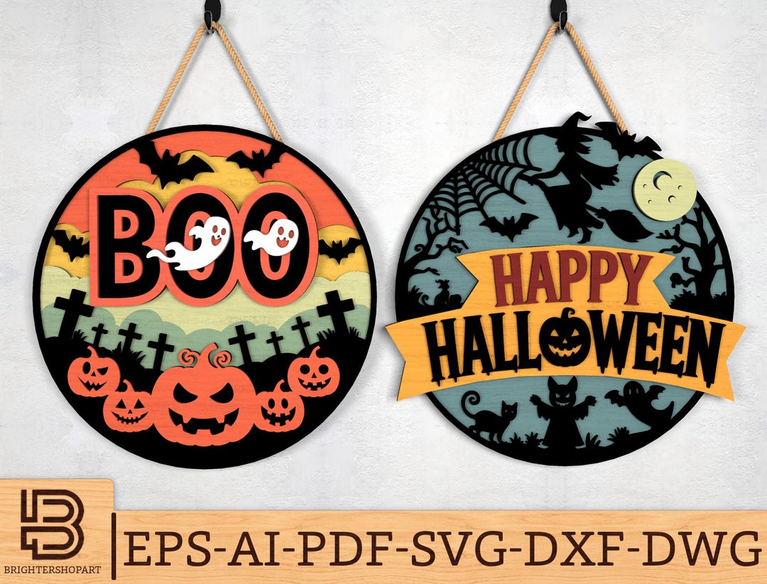Halloween Door Hanger Svg, Boo Ghost Pumpkin & Witch Haunted House ...