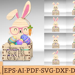 May include: A digital cut file design of a bunny rabbit holding a basket of Easter eggs. The basket is decorated with the words "Happy Easter". The design is available in EPS, AI, PDF, SVG, DXF, and DWG formats.