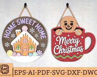 Christmas Door Sign svg Bundle, Gingerbread Mug & Home Sweet Home Gingerbread House Door Hanger Laser Cut Files, Glowforge svg files