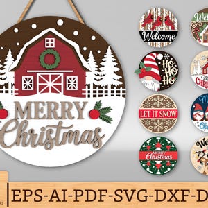 May include: A round wooden Christmas sign with a barn scene, white trees, and the words "Merry Christmas." Additional round signs feature festive designs like cardinals, gnomes, and reindeer. The sign is designed for holiday decor.