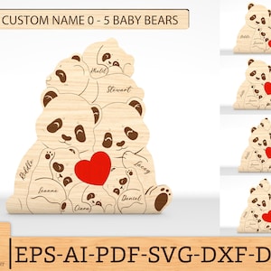 Könnte beinhalten: Ein Holzausschnitt einer Mutter-Pandabärin mit fünf Pandababys. Die Mutter-Panda hält ein rotes Herz. Die Pandababys heißen Riddle, Khalil, Stewart, Laceg, Leanne, Daniel und Clara. Der Text "CUSTOM NAME 0 - 5 BABY BEARS" befindet sich oben im Bild. Der Text "EPS-AI-PDF-SVG-DXF-DWG" befindet sich unten im Bild.