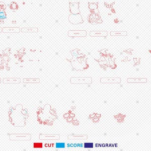 Pu&ograve; includere: Una collezione di disegni tagliati al laser in rosso, blu e nero, con personaggi ed elementi a tema Halloween. Include disegni di streghe, gufi, fantasmi e bambole, insieme alle parole "CUT", "SCORE" e "ENGRAVE".