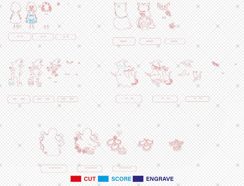 Pu&ograve; includere: Una collezione di disegni tagliati al laser in rosso, blu e nero, con personaggi ed elementi a tema Halloween. Include disegni di streghe, gufi, fantasmi e bambole, insieme alle parole "CUT", "SCORE" e "ENGRAVE".