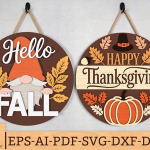 Thanksgiving Fall Door Hanger SVG,Hello Fall Gnome Sign Laser Cut File, Happy Thanksgiving Pumpkin Sign svg,Autumn Decor,Glowforge svg files