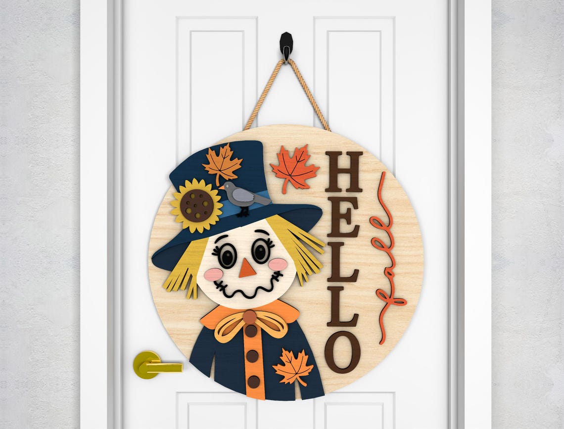 Letrero Fall Fall Scarecrow Door Sign SVG, Welcome & Hello Autumn Round Sign SVG ...