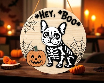 Wieszak na drzwi z motywem szkieletu psa Hey Boo w formacie SVG, Znak buldoga na Halloween w formacie SVG, Uroczy szczeniak z dyni w kształcie pajęczyny, Okrągły wieszak na drzwi z motywem pajęczyny, Plik do cięcia laserowego Glowforge