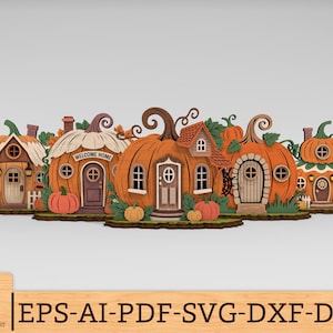 Könnte beinhalten: Eine Sammlung skurriler Kürbishäuser mit aufwendigen Details. Jedes Haus hat eine andere Größe und Form, mit Türen, Fenstern und dekorativen Elementen. Der Text "WELCOME HOME" ist auf einem Haus zu sehen. Die Häuser stehen vor einem neutralen Hintergrund.