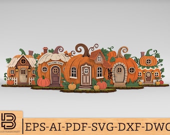 May include: A collection of whimsical pumpkin houses with intricate details. Each house is a different size and shape, with doors, windows, and decorative elements. The text "WELCOME HOME" is visible on one house. The houses are set against a neutral background.