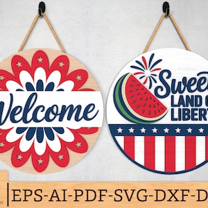 4th of July Sunflower & Sweet Land of Liberty Round Sign SVG, Patriotic Door Sign Laser Cut File, Independence Day SVG, Glowforge svg files
