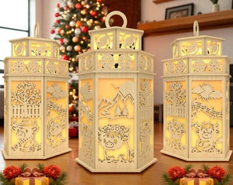 DIY-julko-lykta laserskuren fil Svg, Glowforge SVG med höglandsboskap och gårdsscen, träljuslåda mall, festlig 3D-lampa