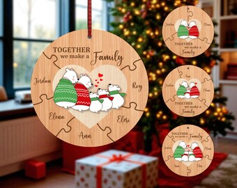Adorno de rompecabezas familiar Glowforge, archivo Svg, adorno navideño cortado con láser, Juntos hacemos una familia SVG para láser, decoración navideña de madera