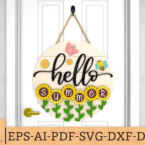 Hello Summer Round Sign SVG, Sunflowers svg, Bee Summer Welcome sign svg, Bee Door Hanger svg, Glowforge svg files, Laser cut files