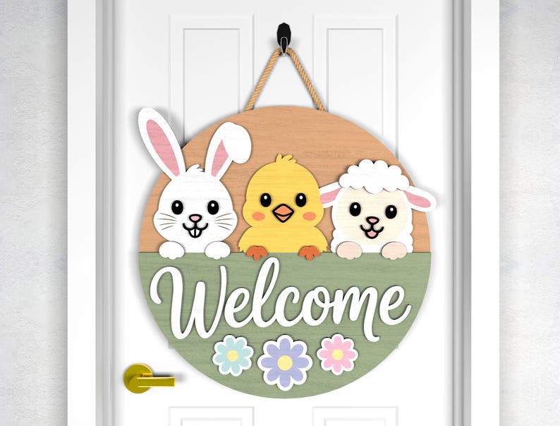 Easter Door Hanger SVG Bundle, Welcome & Hop on in Bunny Chick Lamb ...