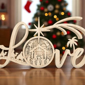 Archivo de corte de madera para Navidad con texto &quot;Amor de la Natividad&quot; (Svg), Centro de mesa cristiano religioso (Svg), Decoración navideña de la Sagrada Familia (Svg), Escena de la Natividad de madera (Svg)