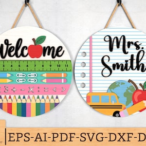 Teacher Classroom Door Sign SVG, Apple Pencil Ruler Notebook School Sign svg, Back to School Laser Cut Files, Cricut & Glowforge svg files