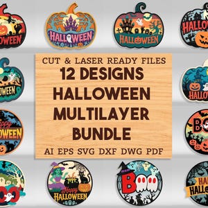 Puede incluir: Un conjunto de 12 diseños multicapa con temática de Halloween. Los diseños incluyen calabazas, fantasmas y casas embrujadas. Los textos "Halloween" y "Happy Halloween" son visibles. Disponibles en formatos AI, EPS, SVG, DXF, DWG y PDF.