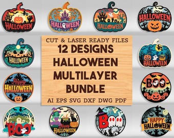 Op de afbeelding: Een verzameling van 12 Halloween-thema meerlaagse ontwerpen. De ontwerpen omvatten pompoenen, geesten en spookhuizen. De tekst "Halloween" en "Happy Halloween" zijn zichtbaar. Beschikbaar in AI, EPS, SVG, DXF, DWG en PDF formaten.