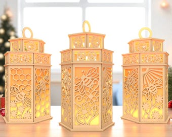 DIY Honey Bee Lantern Laser Cutfile SVG , Honeycomb Wooden Light Box Svg, Floral Laser Cut Lantern ,Honey Bee Glowforge Lamp File,Home Decor