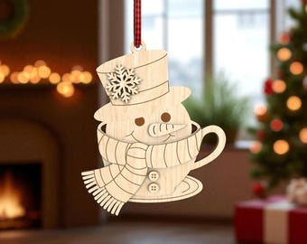 Snowman Mug Ornament Cut File SVG, Christmas Hot Cocoa Cup Snowman Svg, Wooden Holiday Mug SVG,Xmas Laser Cut File,  Winter Coffee Cup SVG