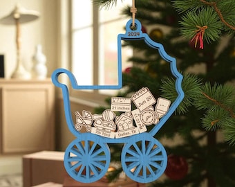 Baby Carriage Ornament Glowforge File , Personalized Birth Stats Laser Cut File , Newborn Keepsake SVG for Laser , Baby Shower Gift