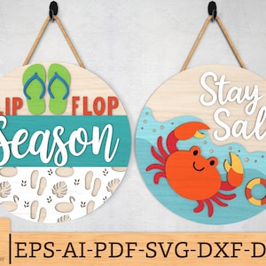 Stay Salty Crab Sign svg, flip flop seizoen teken svg, strandhuis welkomstbord svg, Ocean Door hanger svg, Glowforge svg-bestanden, lasergesneden bestanden