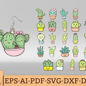 Könnte beinhalten: Ein Set mit 20 digitalen Schnittdateien mit niedlichen Kaktus-Illustrationen in verschiedenen Farben und Posen. Die Dateien sind in den Formaten EPS, AI, PDF, SVG, DXF und DWG verfügbar.