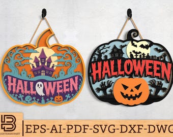 Halloween Pumpkin Door Hanger SVG, Haunted House & Pumpkin Face Sign SVG, Multilayer Halloween Decor Lasergesneden bestanden, Glowforge SVG-bestanden