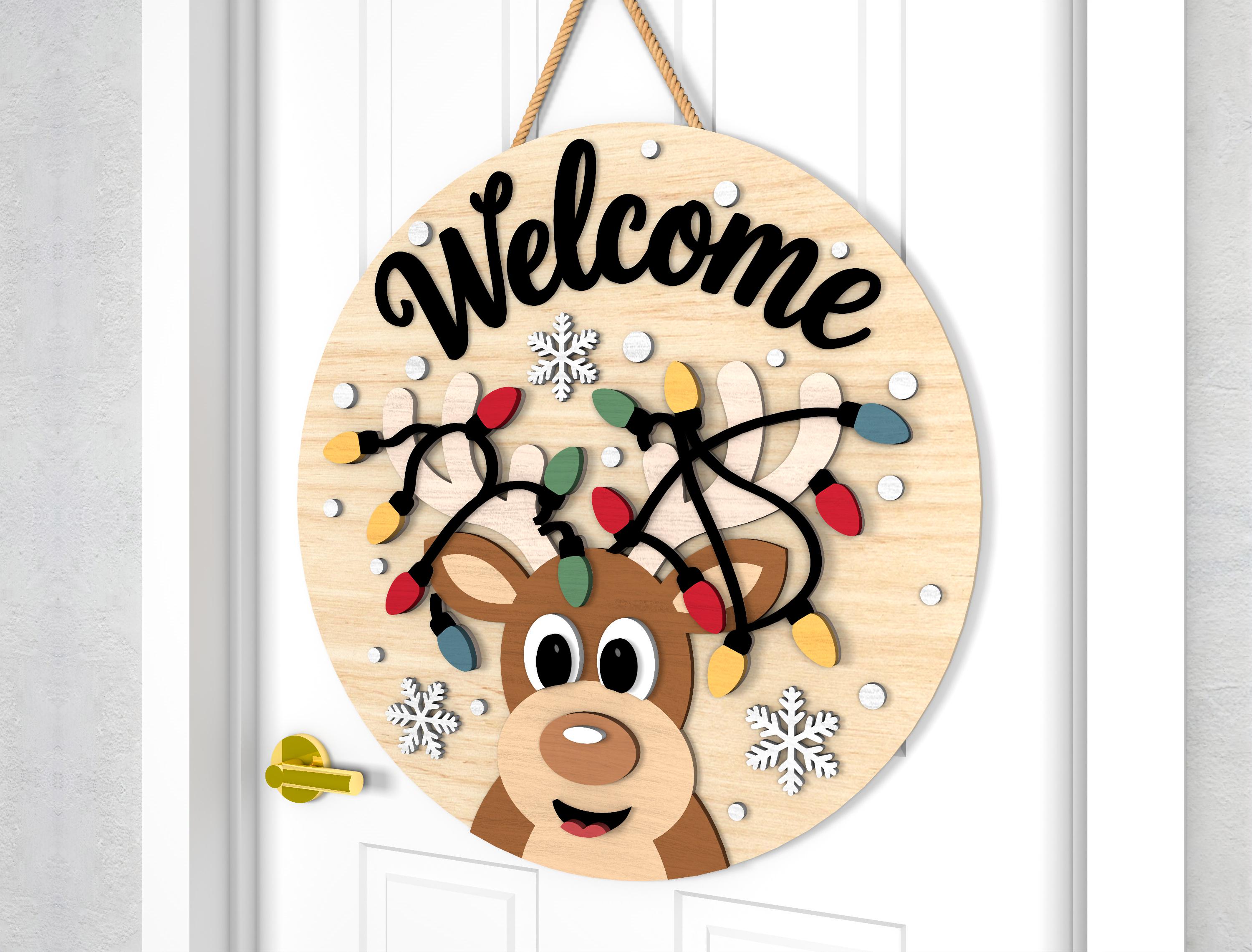 Christmas Door Hanger Svg Bundle, Reindeer With Lights Welcome Sign Svg ...