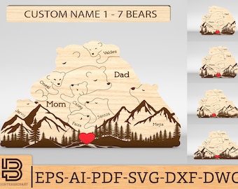 Gepersonaliseerde knuffelbeer familie puzzelstukjes SVG, beer puzzelstukje svg, set 1-7 beren, vaderdagcadeau, Glowforge svg-bestanden, lasergesneden bestanden