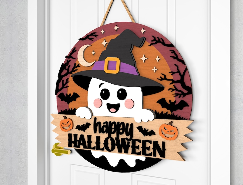 Halloween Door Hanger Svg, Cute Ghost With Witch Hat & Pumpkin Trick or ...