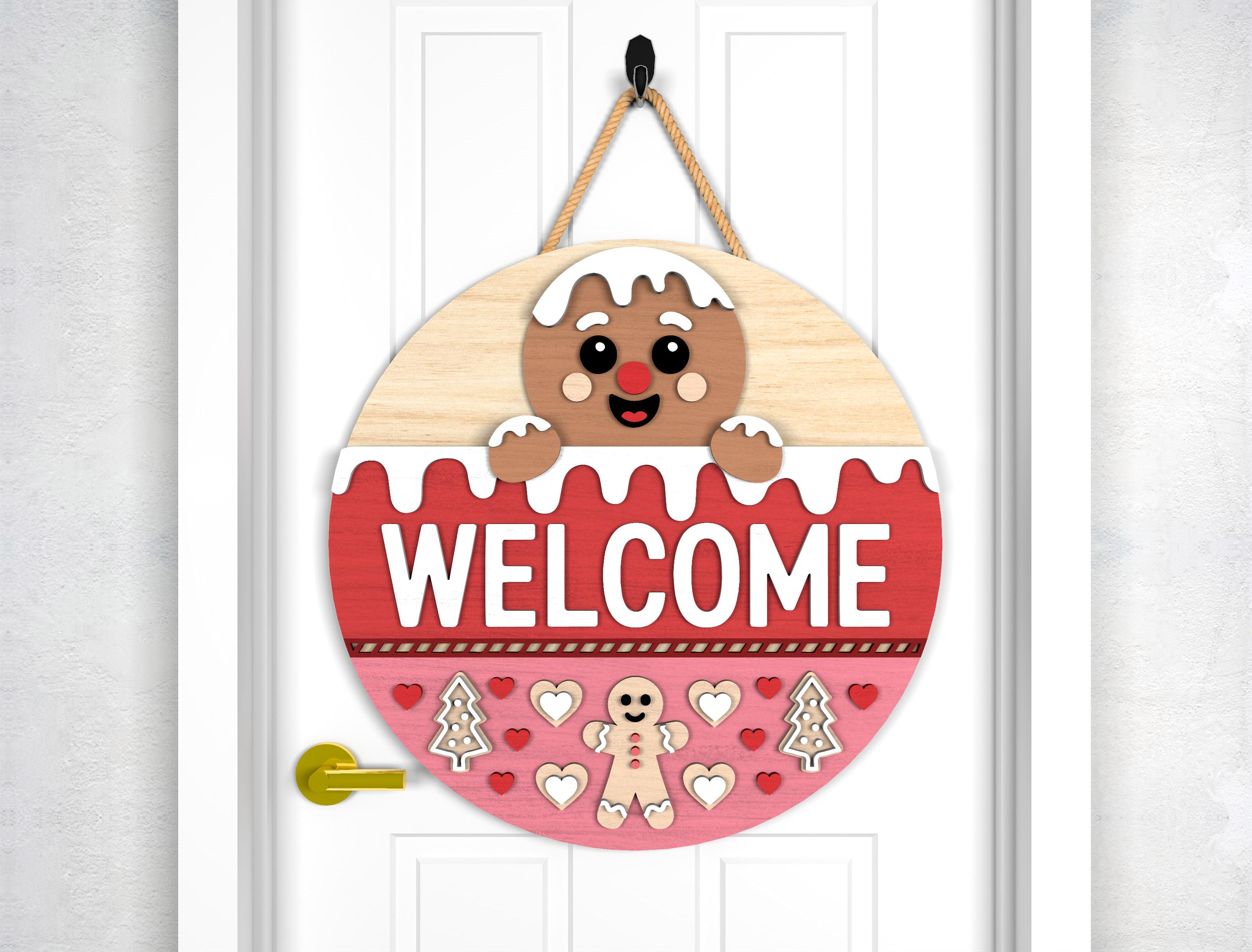 Christmas Door Sign SVG, Gingerbread Welcome Round Sign & Cute Xmas ...