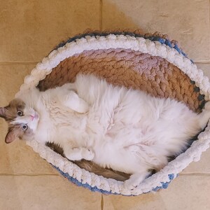 May include: A white cat with blue eyes is lying on its back in a brown and white crocheted pet bed. The cat is looking directly at the camera.
