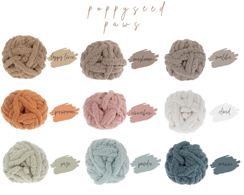 May include: Assortment of 12 colors of chunky yarn in a variety of shades, including poppy linen, marshmallow, cloud, and powder. The yarn is arranged in a grid pattern and labeled with the color name.