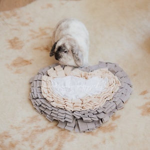 Original Heart Forager Snuffle Mat & Aesthetic Fleece Slow Feeder Puzzle for Rabbits | Malibu Gray | Small Pet Toys