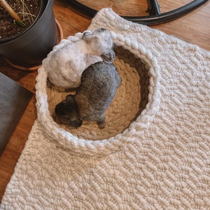 May include: Two small rabbits, one gray and one white, are curled up together in a white, crocheted pet bed.