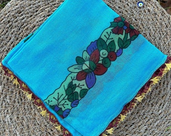 Crochet Vintage Scarf, Light Blue Oya Shawl, Tulbent 80's Scarf, Traditional Scarf, Vintage Thin Shawl, Blue Needle Lace,Oya Yazma
