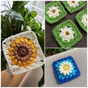 Easy Grandma Square Blumen Muster Bundle, Sonnenblumen Häkelmuster, 3 einfache häkeln Grandma Square Pattern Pack, Afghan Square Bundle