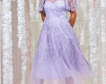 Embroidered Mesh Dress (Lilac) mother of bride/groom,  wedding guest,   cocktail,   ball,  cruise,  special event