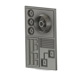 May include: A gray metal panel with a circular knob, four round buttons, and a series of rectangular buttons. The panel has a textured surface and a black background.