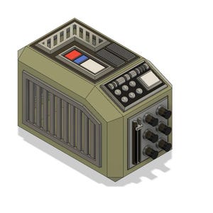 May include: A beige box with a black and gray grill on the front, a black and gray control panel with buttons and a small screen, and a row of black knobs on the side.