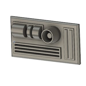 May include: A gray metal panel with a variety of controls, including a round knob, two rectangular buttons, and a series of horizontal vents.