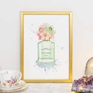 DAISY, Primavera, Profumo Marc Jacobs, Stampa Giclée ad Acquerello, Arte di Moda, Regali per Lei, Arte da Bagno, Flacone di Profumo, Arte da Parete per il Toeletta