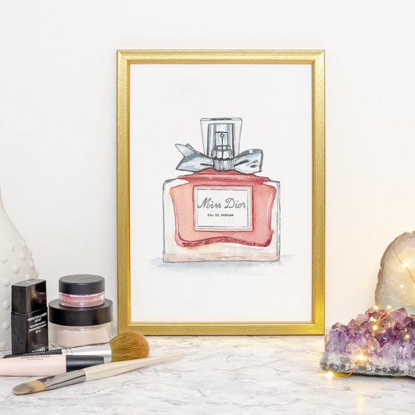 Flacon de parfum rose, oeuvre d'art de la mode, jet d'encre, impression aquarelle, cadeaux pour elle, mademoiselle, art de la salle de bain, bouteille de parfum, art mural vanity