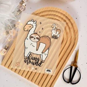 Könnte beinhalten: Eine transparente Folie mit einem weißen Lama und einem braunen Faultier darauf. Das Faultier schläft auf dem Rücken des Lamas. Der Text "hang around" steht unter dem Lama und dem Faultier. In der linken unteren Ecke befinden sich drei Sterne und ein Smiley.