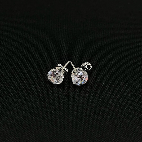 925 Silver Round Brilliant Cut Earrings | Sterling Silver CZ Cubic Zirconia Simple Classic Solitaire Stud Push Backing - 2-6mm