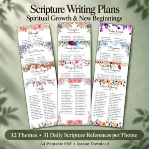 Op de afbeelding: Drie verticale printbare vellen met de titel Scripture Writing Plans: Spiritual Growth & New Beginnings. Elk vel heeft florale randen en bevat 12 thema's met 31 dagelijkse schriftverwijzingen, waaronder onderwerpen zoals kracht, discipline en dankbaarheid.